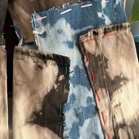 Upcycled Frayed Patchwork Jeans – 34" Waist Handmade Streetwear Pants Wide Leg - Picture 12 of 16